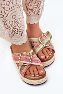 Klapki Damskie Na Platformie Z Plecionką I Złotą Klamrą Multikolor Filazzia