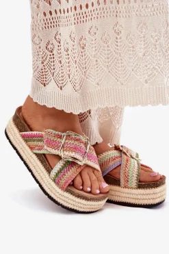 Klapki Damskie Na Platformie Z Plecionką I Złotą Klamrą Multikolor Filazzia