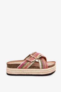 Klapki Damskie Na Platformie Z Plecionką I Złotą Klamrą Multikolor Filazzia