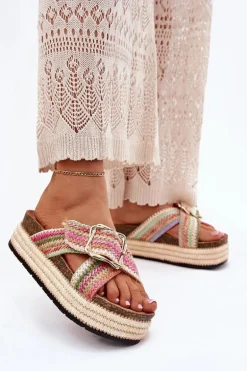 Klapki Damskie Na Platformie Z Plecionką I Złotą Klamrą Multikolor Filazzia