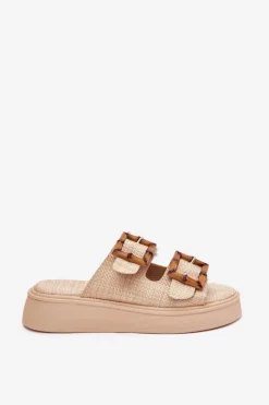 Klapki Damskie Na Platformie Z Klamrami Beżowe Xanivia