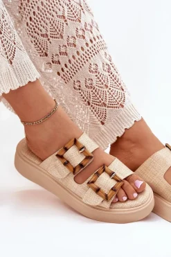 Klapki Damskie Na Platformie Z Klamrami Beżowe Xanivia