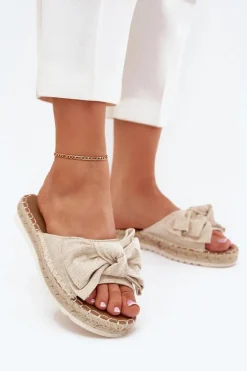 Klapki Damskie Na Platformie Z Plecionką I Kokardką Beżowe Alpireda