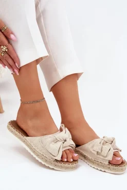 Klapki Damskie Na Platformie Z Plecionką I Kokardką Beżowe Alpireda