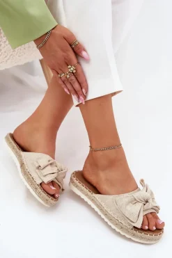 Klapki Damskie Na Platformie Z Plecionką I Kokardką Beżowe Alpireda