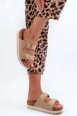 Klapki Damskie Na Platformie Z Klamrami Eko Zamszowe Beżowe Ursila