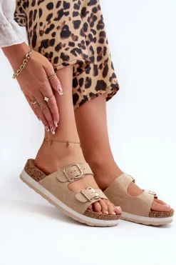 Klapki Damskie Na Platformie Z Klamrami Eko Zamszowe Beżowe Ursila