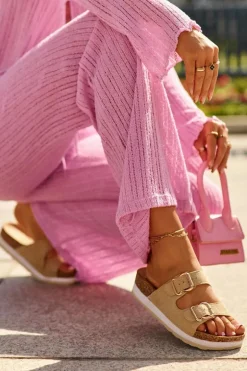 Klapki Damskie Na Platformie Z Klamrami Eko Zamszowe Beżowe Ursila