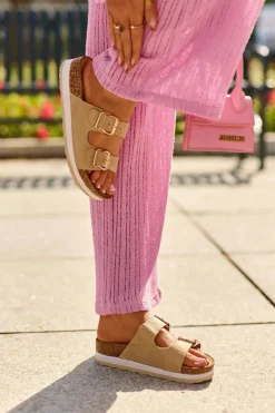 Klapki Damskie Na Platformie Z Klamrami Eko Zamszowe Beżowe Ursila