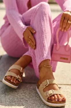 Klapki Damskie Na Platformie Z Klamrami Eko Zamszowe Beżowe Ursila