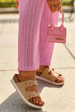 Klapki Damskie Na Platformie Z Klamrami Eko Zamszowe Beżowe Ursila