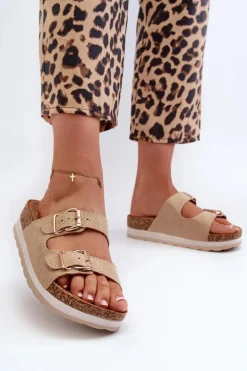 Klapki Damskie Na Platformie Z Klamrami Eko Zamszowe Beżowe Ursila