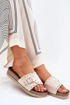 Klapki Damskie Na Platformie Z Klamrą I Ćwiekami Beżowe Nusithia