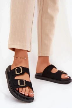 Klapki Damskie Na Platformie Z Klamrami Czarne Simbes