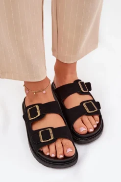 Klapki Damskie Na Platformie Z Klamrami Czarne Simbes