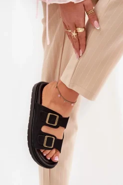 Klapki Damskie Na Platformie Z Klamrami Czarne Simbes