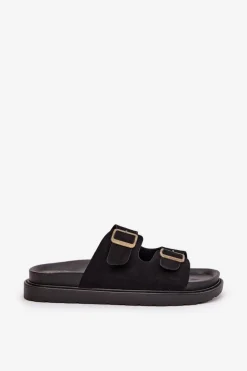 Klapki Damskie Na Platformie Z Klamrami Czarne Simbes