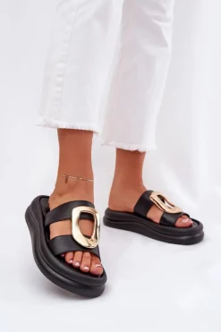 Klapki Damskie Na Platformie Ze Złotym Detalem Czarne Ularinea