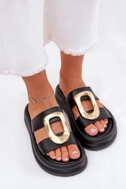 Klapki Damskie Na Platformie Ze Złotym Detalem Czarne Ularinea