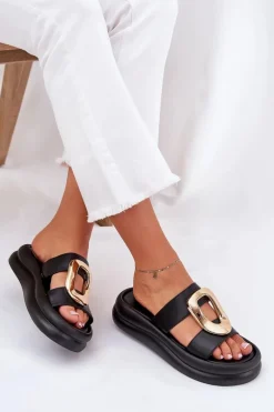 Klapki Damskie Na Platformie Ze Złotym Detalem Czarne Ularinea