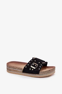 Klapki Damskie Na Platformie Z Klamrą I Ćwiekami Czarne Nusithia