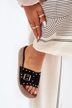 Klapki Damskie Na Platformie Z Klamrą I Ćwiekami Czarne Nusithia