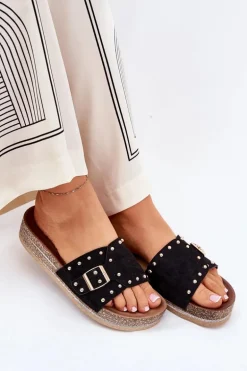 Klapki Damskie Na Platformie Z Klamrą I Ćwiekami Czarne Nusithia