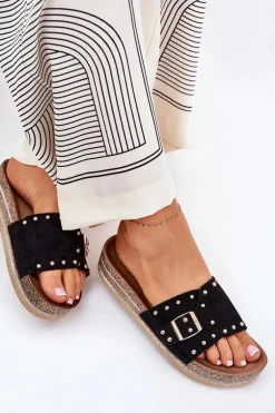 Klapki Damskie Na Platformie Z Klamrą I Ćwiekami Czarne Nusithia