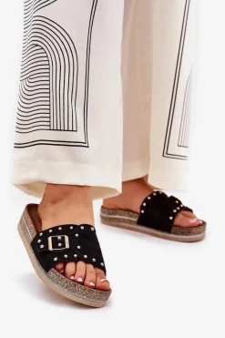 Klapki Damskie Na Platformie Z Klamrą I Ćwiekami Czarne Nusithia