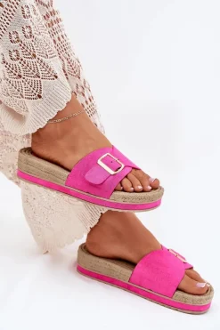 Klapki Damskie Na Platformie Ze Złotą Klamrą Fuksja Selira