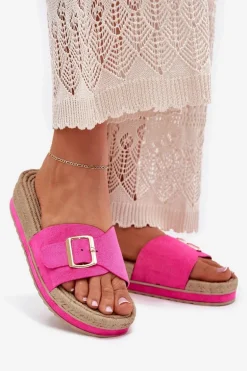 Klapki Damskie Na Platformie Ze Złotą Klamrą Fuksja Selira