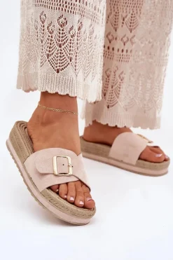 Klapki Damskie Na Platformie Ze Złotą Klamrą Beżowe Selira