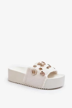 Klapki Damskie Na Platformie Z Przypinkami Białe Zranesia