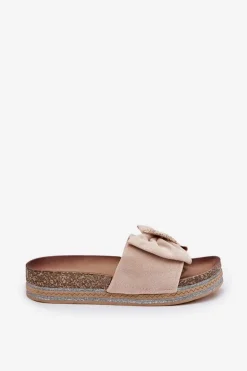 Klapki Damskie Na Platformie Z Kokardką I Ozdobną Broszką Beżowe Lenela