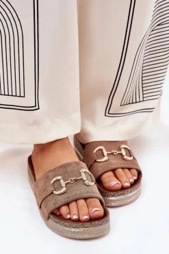 Klapki Damskie Na Platformie Ze Złotą Ozdobą I Brokatem Khaki Morisela