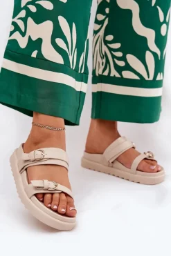 Klapki Damskie Na Platformie Ze Złotymi Klamrami Beżowe Wernone