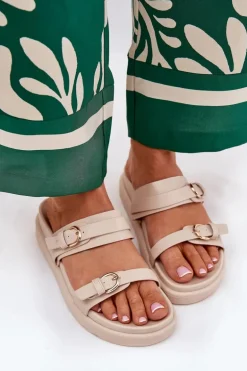 Klapki Damskie Na Platformie Ze Złotymi Klamrami Beżowe Wernone