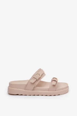 Klapki Damskie Na Platformie Ze Złotymi Klamrami Beżowe Wernone