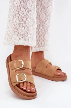 Klapki Damskie Na Platformie Ze Złotymi Klamrami Camel Verena