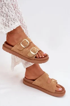 Klapki Damskie Na Platformie Ze Złotymi Klamrami Camel Verena