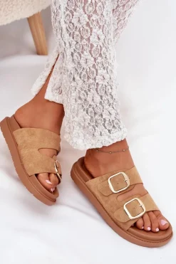 Klapki Damskie Na Platformie Ze Złotymi Klamrami Camel Verena