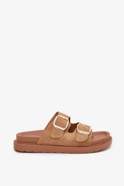 Klapki Damskie Na Platformie Ze Złotymi Klamrami Camel Verena