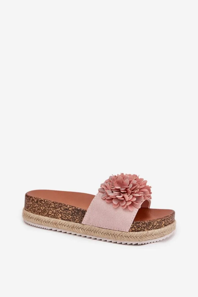 Klapki Damskie Na Platformie Z Ozdobnymi Kwiatkami Różowe Tessara