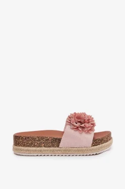 Klapki Damskie Na Platformie Z Ozdobnymi Kwiatkami Różowe Tessara
