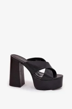 Klapki Damskie Na Platformie I Słupku Czarne Lenobos