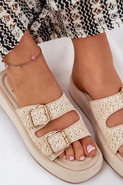 Klapki Damskie Na Platformie Z Klamrami I Plecionką Beżowe Limme