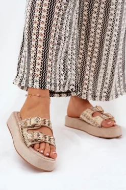 Klapki Damskie Na Platformie Z Klamrami I Plecionką Khaki Limme