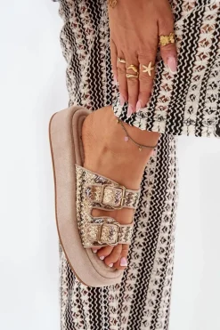 Klapki Damskie Na Platformie Z Klamrami I Plecionką Khaki Limme