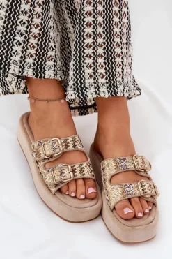 Klapki Damskie Na Platformie Z Klamrami I Plecionką Khaki Limme