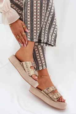 Klapki Damskie Na Platformie Z Klamrami I Plecionką Khaki Limme